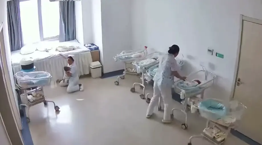 Nurse kneels, holding newborn baby tight amid earthquake