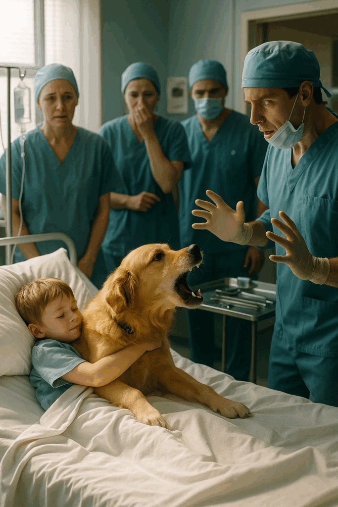 Before the operation, the boy cuddled his dog, but suddenly the dog jumped off the bed and attacked one of the doctors. Everyone was shocked and realized why the dog was acting so strangely.